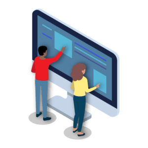 two users pointing at oversized desktop screen