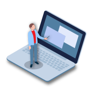 Instructor stand on scaled laptop pointing to screen