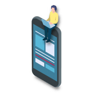 Man working on laptop siting on oversized cell phone
